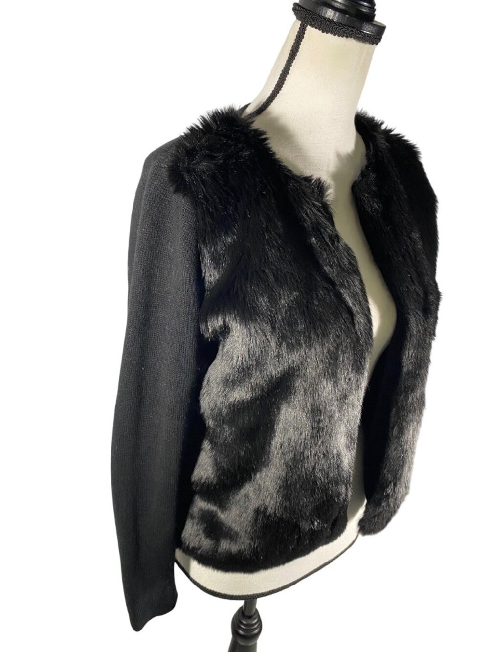 Banana Republic unique mixed media Black Faux Fur Front Open Cardigan Sweater PS
